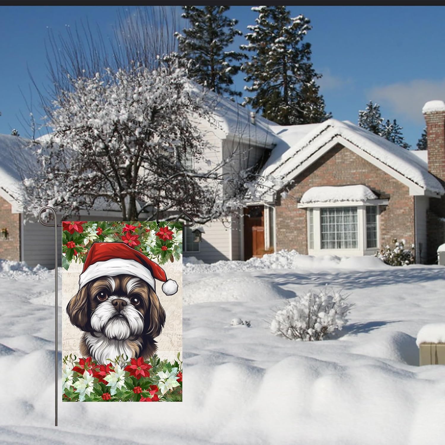Christmas Shih-tzu Dog Garden Flag for Outside 12x18 Inch Double Sided Poinsettia Santa Hat Dog Yard Flags Xmas Winter Holiday Outdoor Decorations Front Porch Home Decor - Image 6