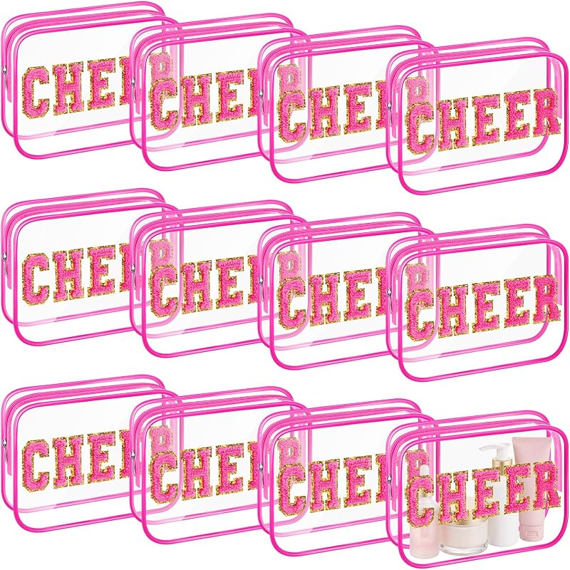 Kacctyen 12 Necessaires transparentes com zíper e patches chenille CHEER, PVC, rosa-choque