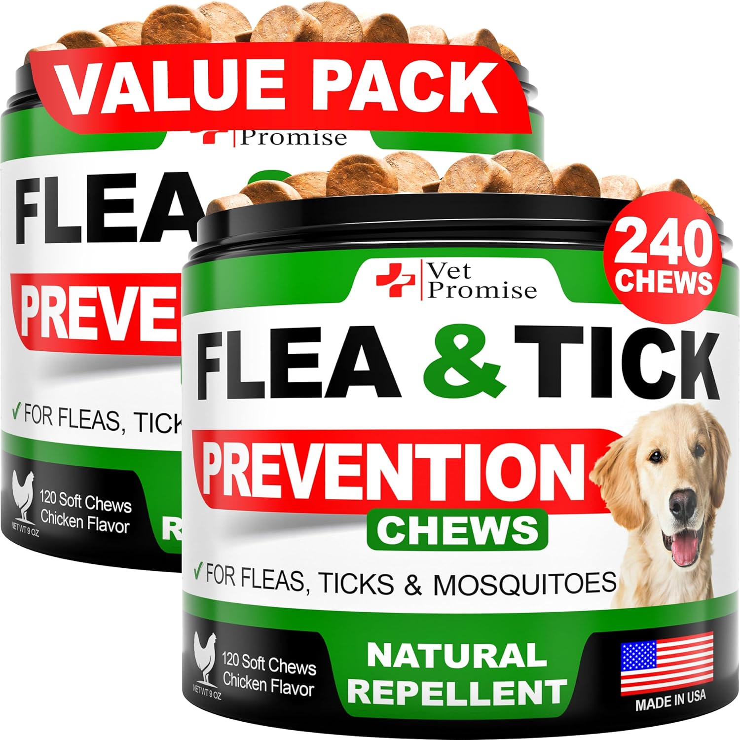 (2 Pack) Flea and Tick Prevention for Dogs Chewables - All Natural Flea & Tick Control Chews - Oral Pills for Dogs Supplement - All Breeds and Ages - Made in USA - 240 Chews