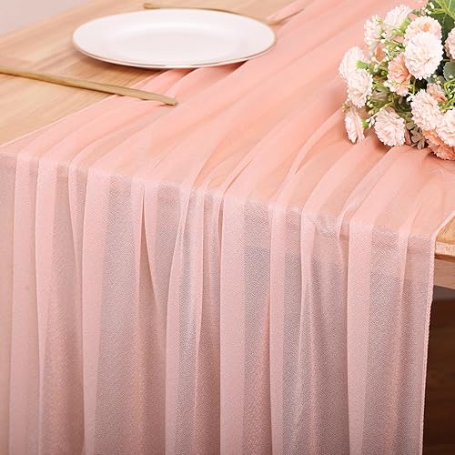 Miniatura 2 de SAJOO Paquete de 6 caminos de mesa de gasa rosa melocotón de 10 pies de gasa transparente de 30 x 120 pulgadas, romántico, bohemio, rústico, para