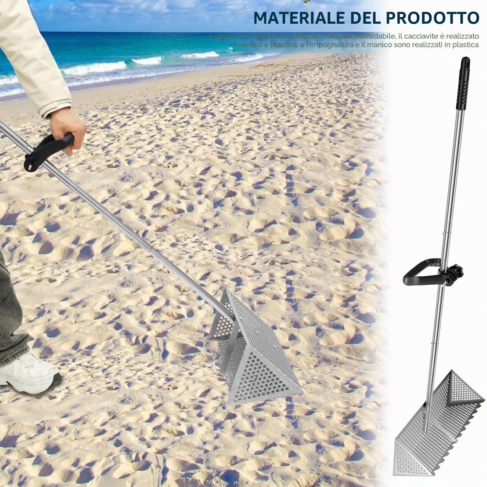 Rastrello per sabbia in acciaio inox, resistente, 173 cm, regolabile, setaccio per sabbia da spiaggia con denti, cestino staccabile, impugnatura ergonomica, facile da montare, pala per granchio di