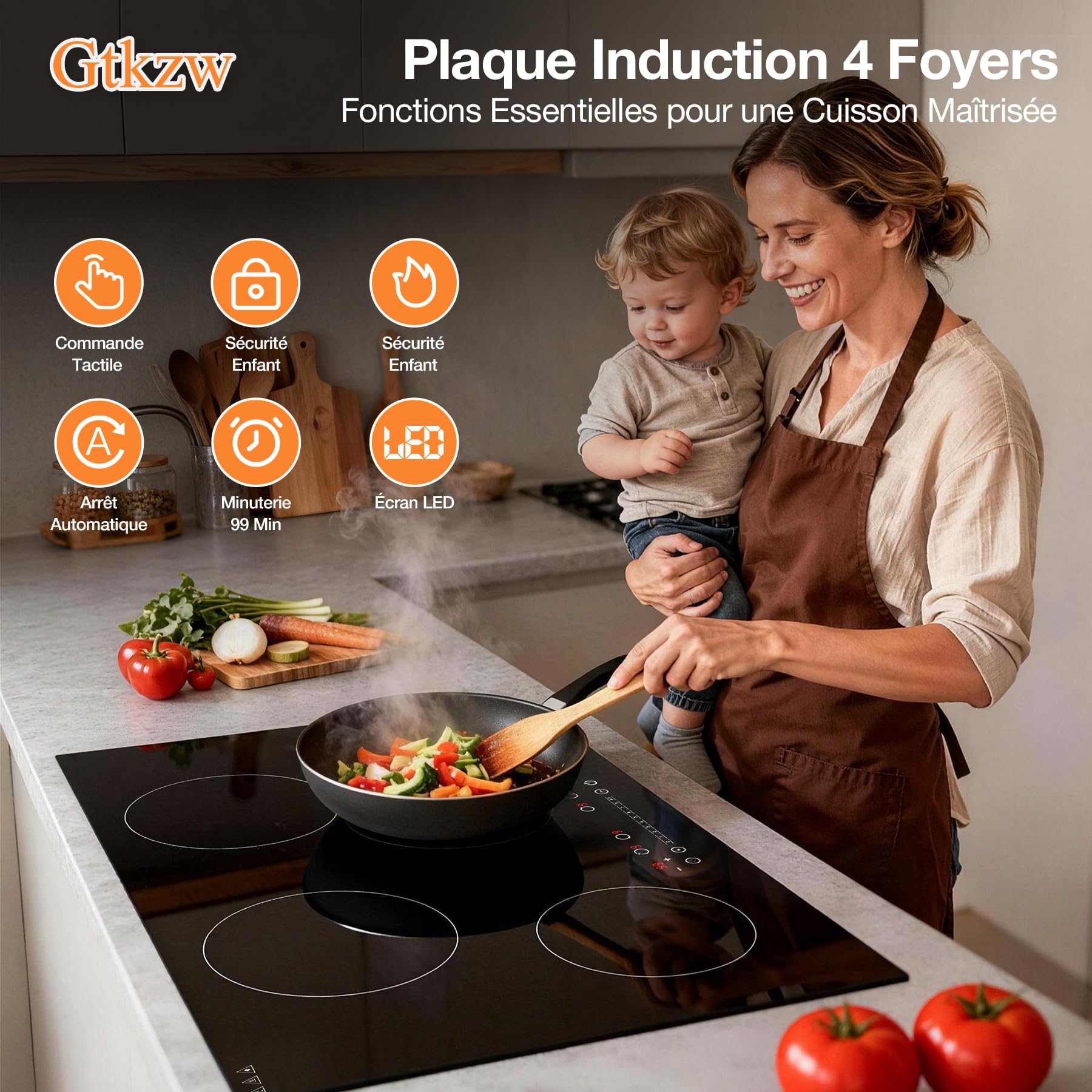 Plaque Induction 4 Feux 6400W, Plaque de Cuisson Électrique Encastrable 77cm avec Fonction Boost, Contrôle Tactile 9 Niveaux, Minuterie Indépendante et Verrouillage Enfant pour Grandes Cuisines