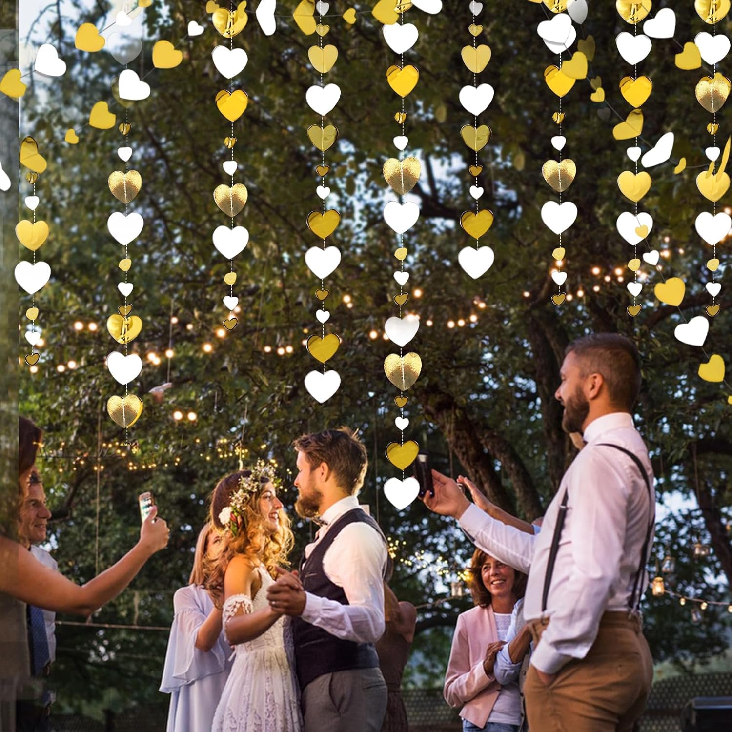 26Ft White Gold Heart Garland Hanging Paper Love Heart Streamer Banner for Baptism Engagement Anniversary Valentines Day - Image 3