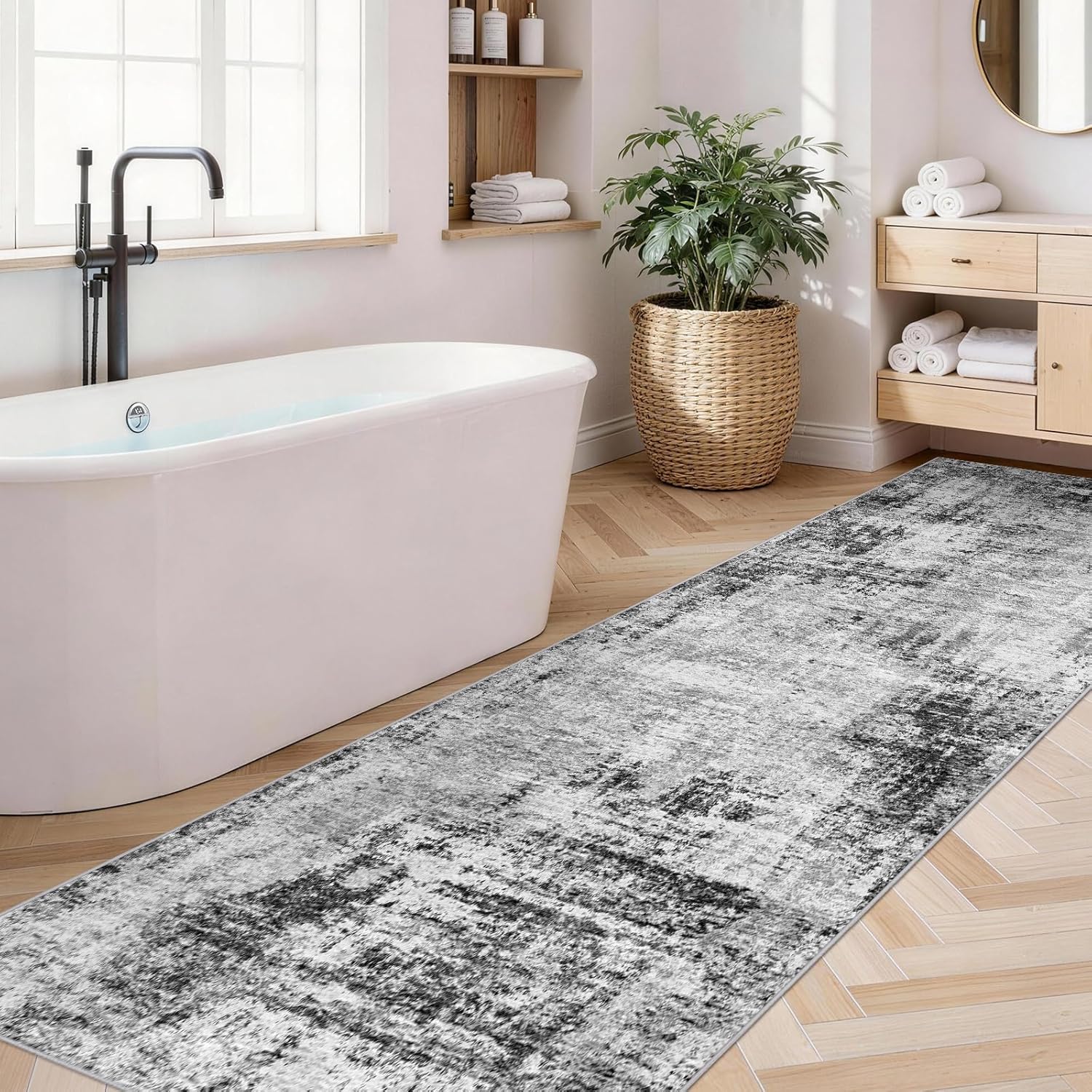 2x8ft Carpet Runners for Hallway: Washable Kitchen Rug Modern Abstract Non Slip Stain Resistant Carpet for Bedroom Laundry - Ultra Soft Rubber Backed Throw Floor Mat for Home Decor (Black 2x8)