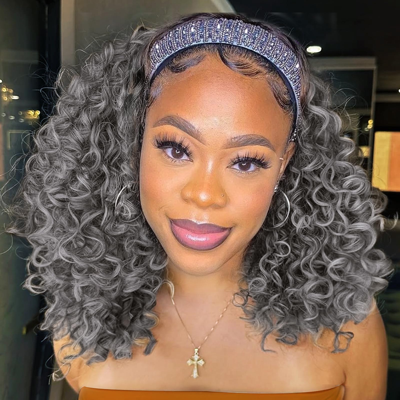 Photo 1 of Aisaide Kinky Curly Headband Wig 12 Inch Grey Deep Curly Headband Wigs for Women Short Glueless No Lace Deep Curly Half Hair Wig Dark Silver Grey