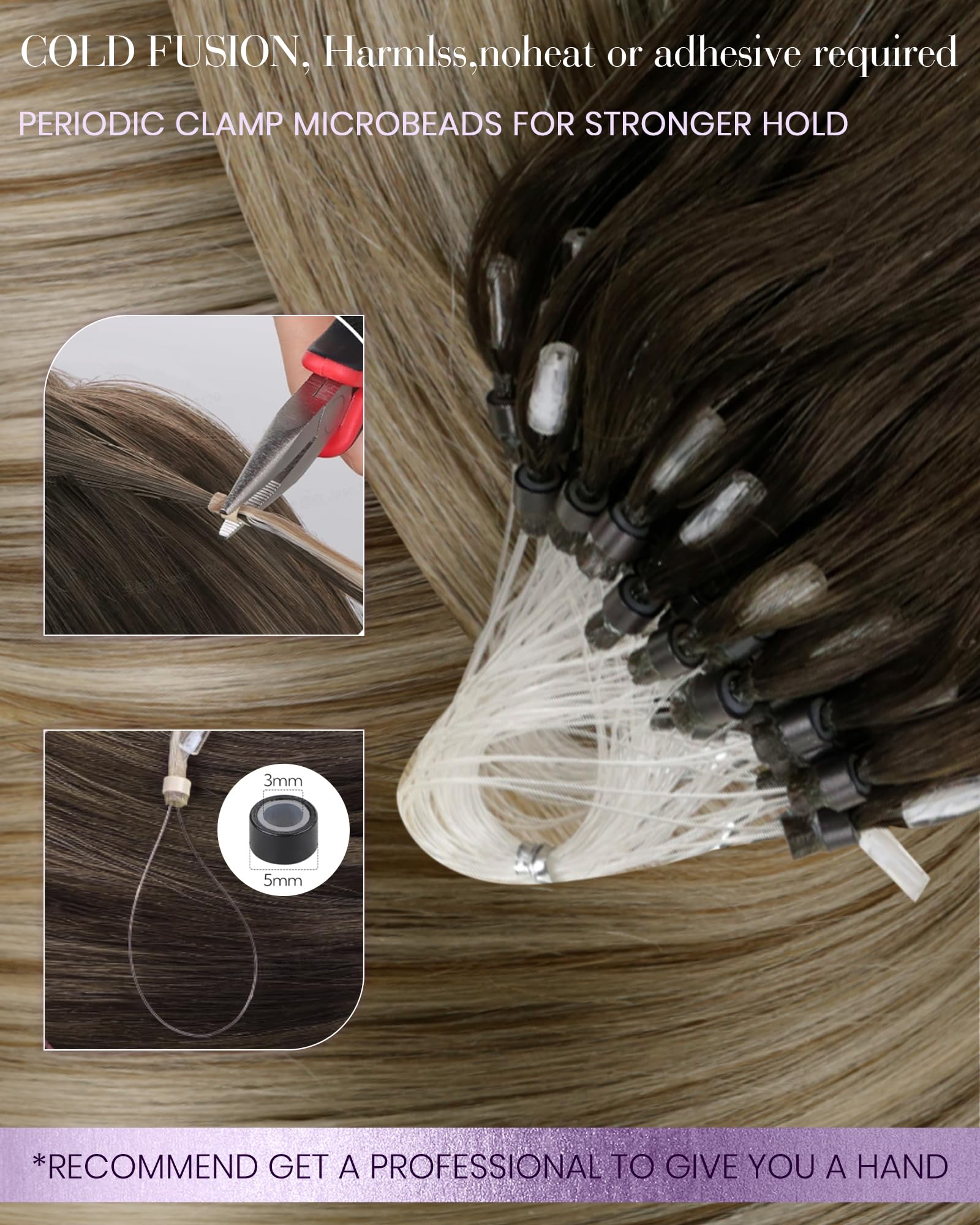 LaaVoo Micro Loop Hair Extensions Real Human Hair Brown Remy Straight Balayage Dark Brown to Platinum Blonde Invisible Micro Ring Hair Extensions 50g 50s 16 Inch #3/8/24 - Image 3