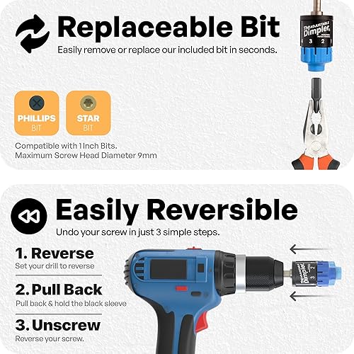 Miniatura 6 de Broca ajustable DIMPLER ® para paneles de yeso, perfecta para convertir taladros eléctricos y de impacto en una pistola de tornillo para paneles de