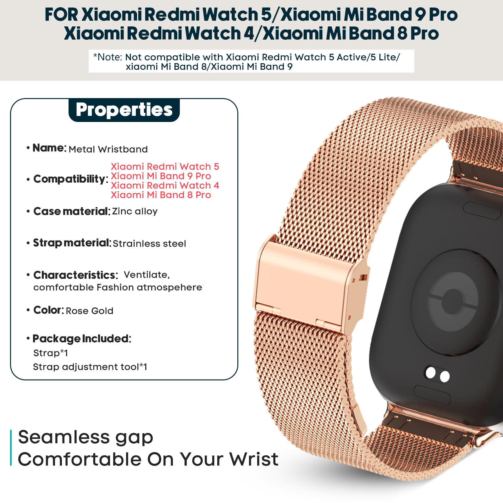 LanQii Metall Armband Für Xiaomi Smart Band 10/9/8 – Edelstahl Roségold, Verstellbar, Inkl. Werkzeug