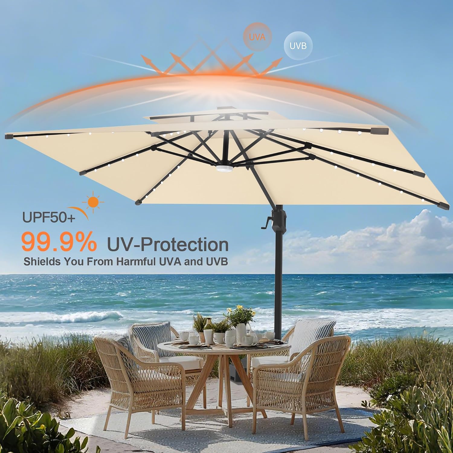 Aegis Pro 10' X 10' Cantilever Umbrella with Built-In LED Lights, Reinforced Aluminum Ribs & Pole, 360-Degree Rotation, Includes Cover for Garden Deck Pool Patio