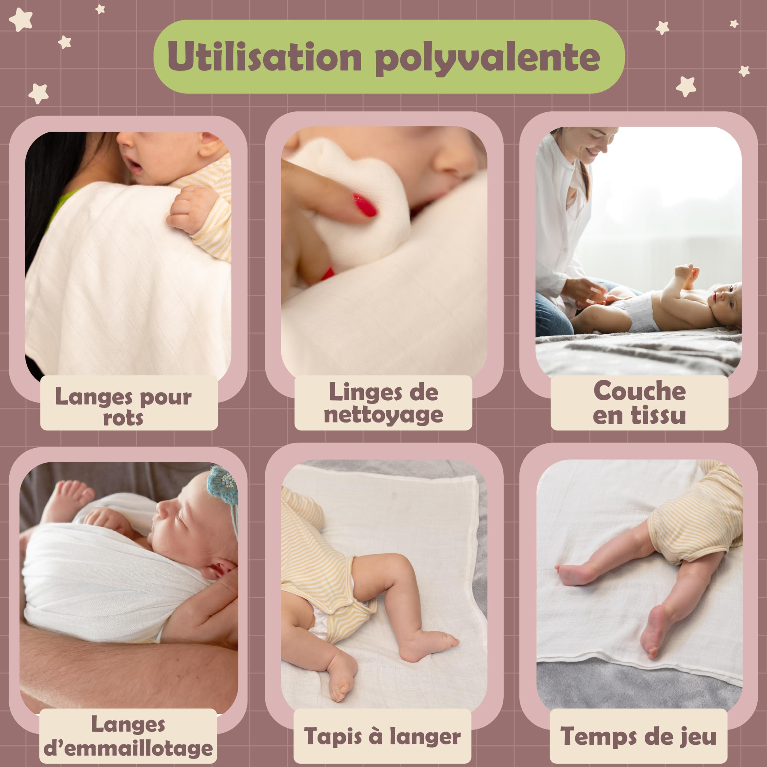 NatureMark Lot de 10 Linges en Mousseline pour Bébé – 100% Coton – Tissus Doux et Absorbants pour Allaitement & Soin du Bébé, Couches, Langes & Gants de Toilette – 70x70 cm, Blanc