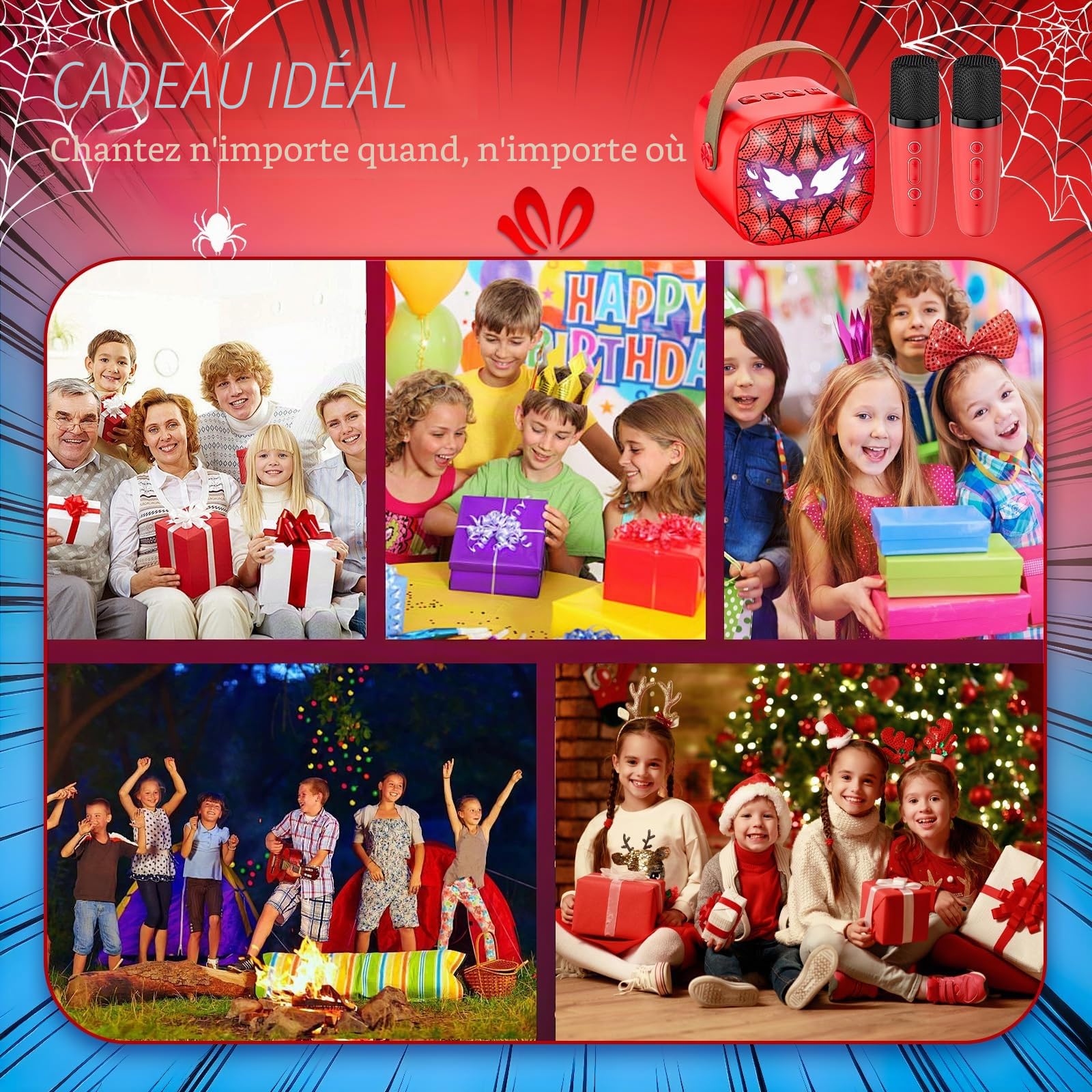 Spider Micro Karaoke Enfant, Jouet Cadeau Garcon Fille 3 4 5 6 7 8 9 10 11 12 Ans, Micro Karaoké Enfant pour Chanter avec 2 Microphone sans Fil Bluetooth, Cadeau Anniversaire Noël Garcon(Rouge)