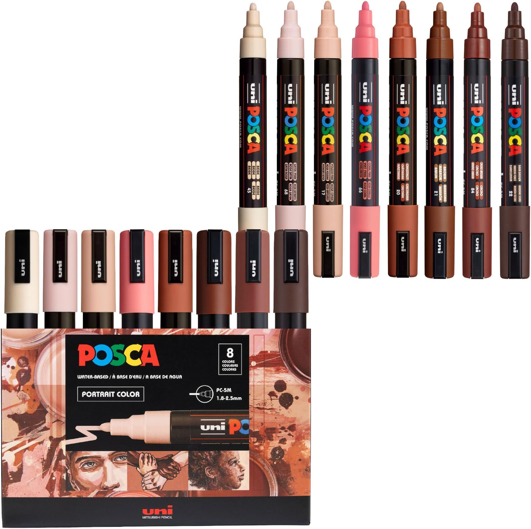 posca Markers Portrait Tones Set of 8, Acrylic Paint Pens with Reversible Tips for Coloring and Drawing, Non-Toxic Formula