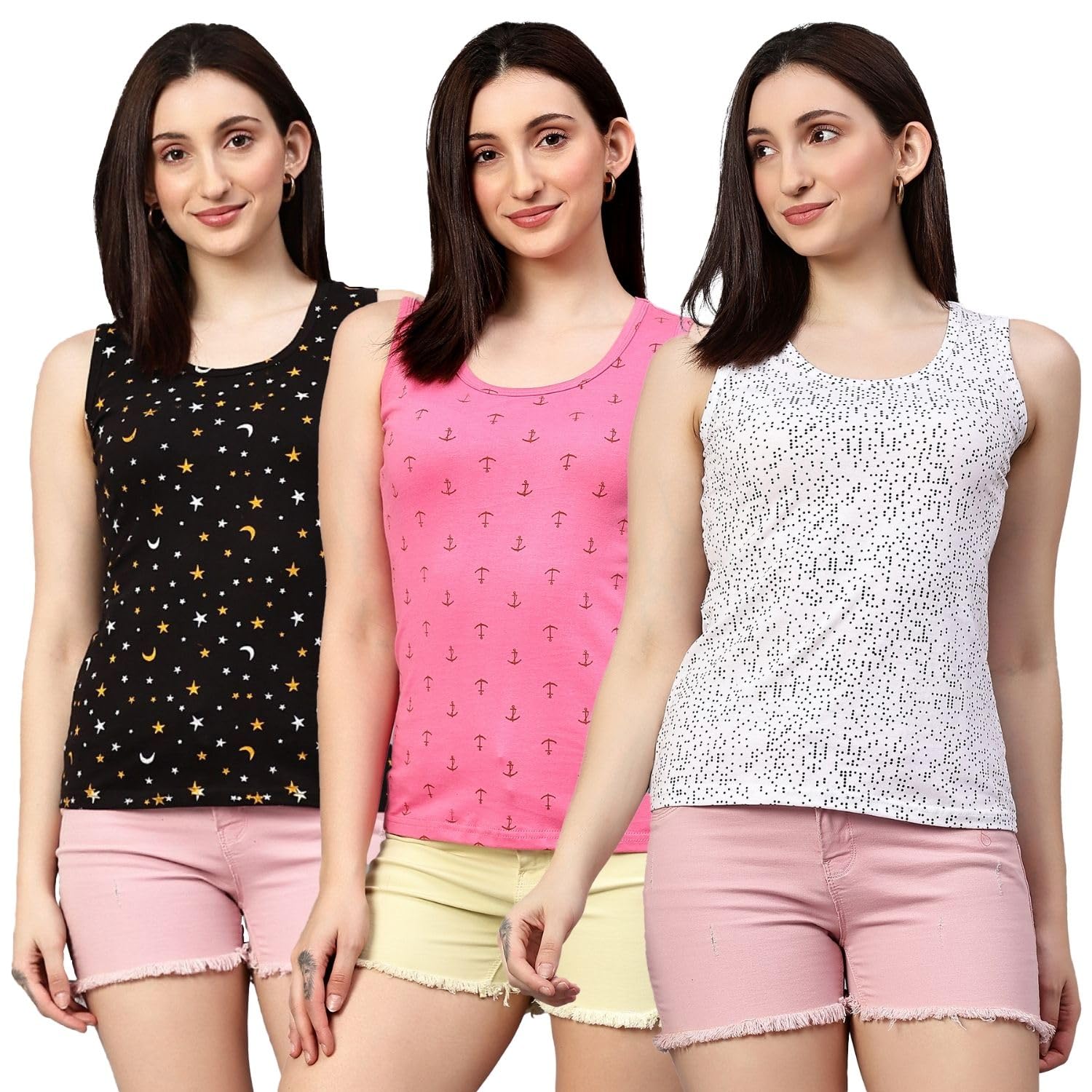 diaz Women's Super Combed Cotton Rib Fabric Slim Fit Tank Top-Pack of 3-picture-34