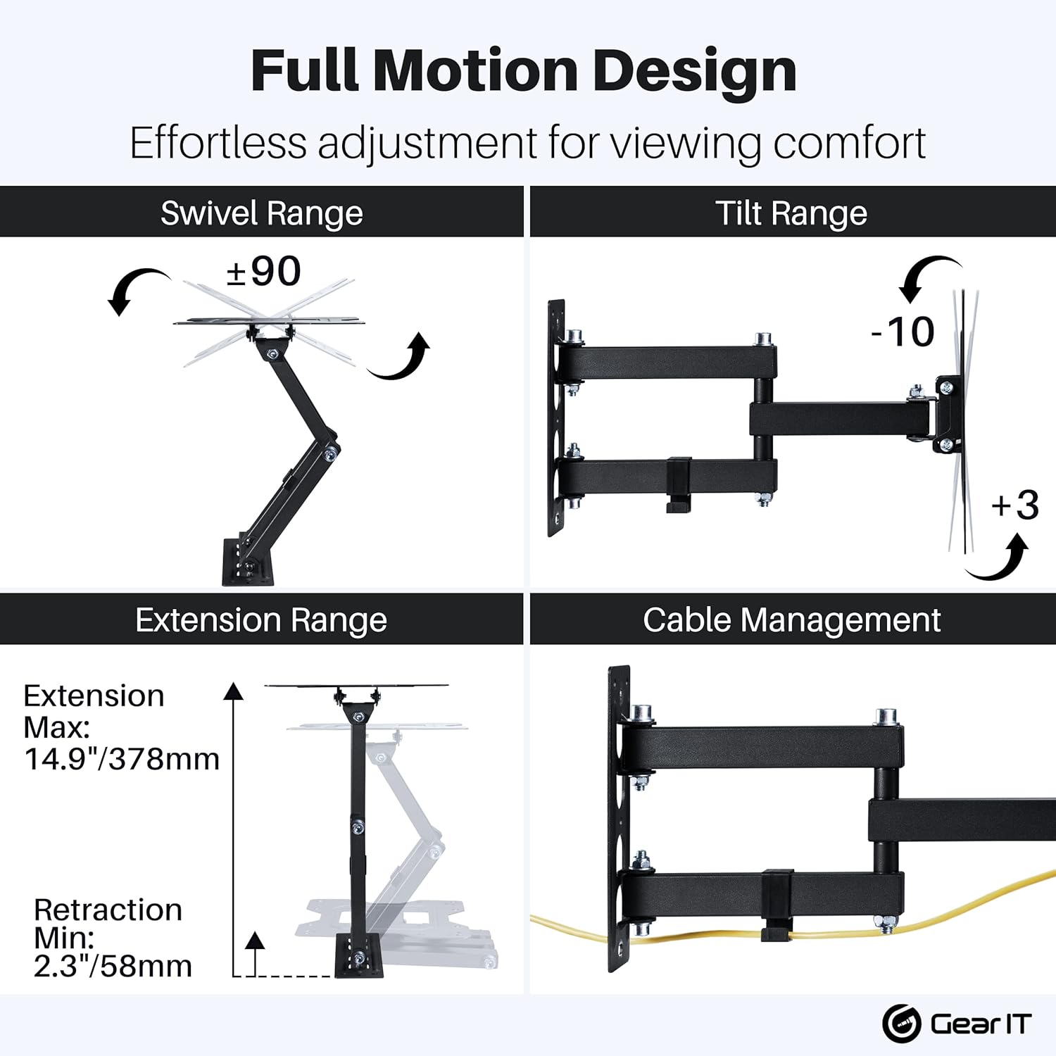 GEARit TV Wall Mount/Monitor (TVs 23 to 43 inch) Up to 66lbs - Full Motion Swivel, Tilt, Articulating Arm, Vesa 75 100 200