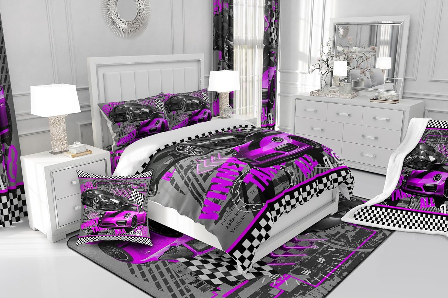 Boys Sports Car Bedding Set,Purple Race Car Duvet Cover for Teens,Kids Racing Theme Comforter Cover Decorative Room,Children Extreme Sports Quilt Cover with 2 Pillowcases,Full Size(No Comforter)