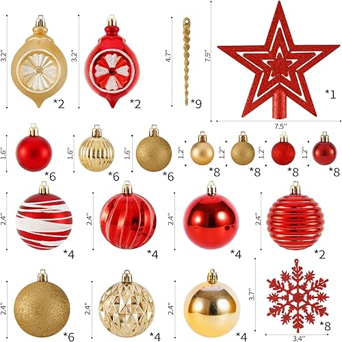 Miniatura 2 de Juego de 100 esferas decorativas para árbol de Navidad con parte superior, rojo y dorado, inastillables, decoración para árbol de Navidad