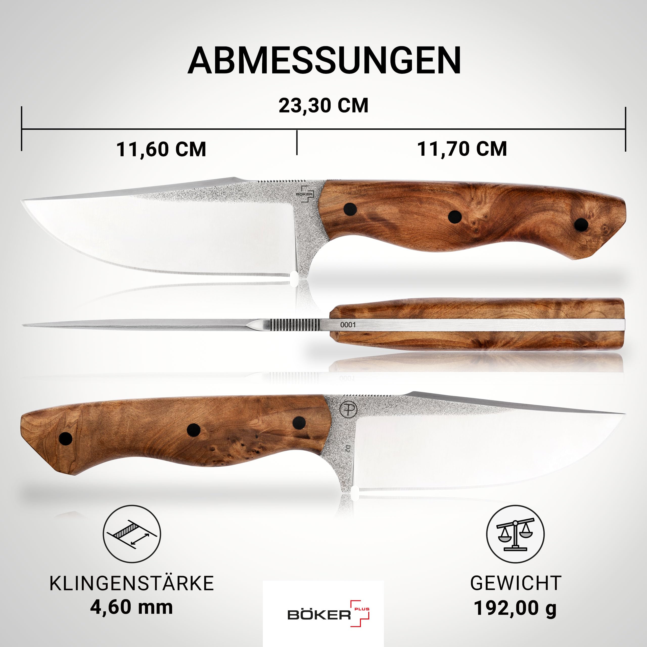 BÖKER PLUS® Overnighter - Bushcraft-Messer feststehend mit Holz-Griff - EDC Fulltang Jagdmesser mit 11,7 cm Clippoint Klinge - Outdoormesser mit Leder-Scheide - Pfadfinder Fahrtenmesser 42a konform