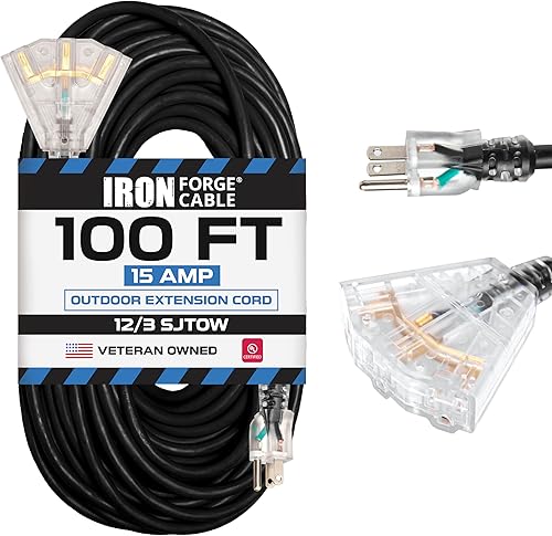 Miniatura 16 de Iron Forge Cable Cable de extensión de calibre 12 con múltiples tomas, cable de extensión negro resistente de 6 pies - SJTOW 12/3, cables de salida