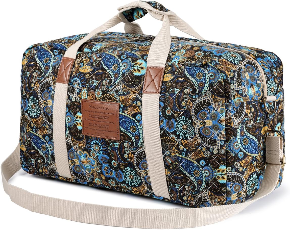 Malirona 22"Canvas Weekender Overnight Bags Travel Duffel Bag Carry On Bag for Women and Girls (Black Flower)