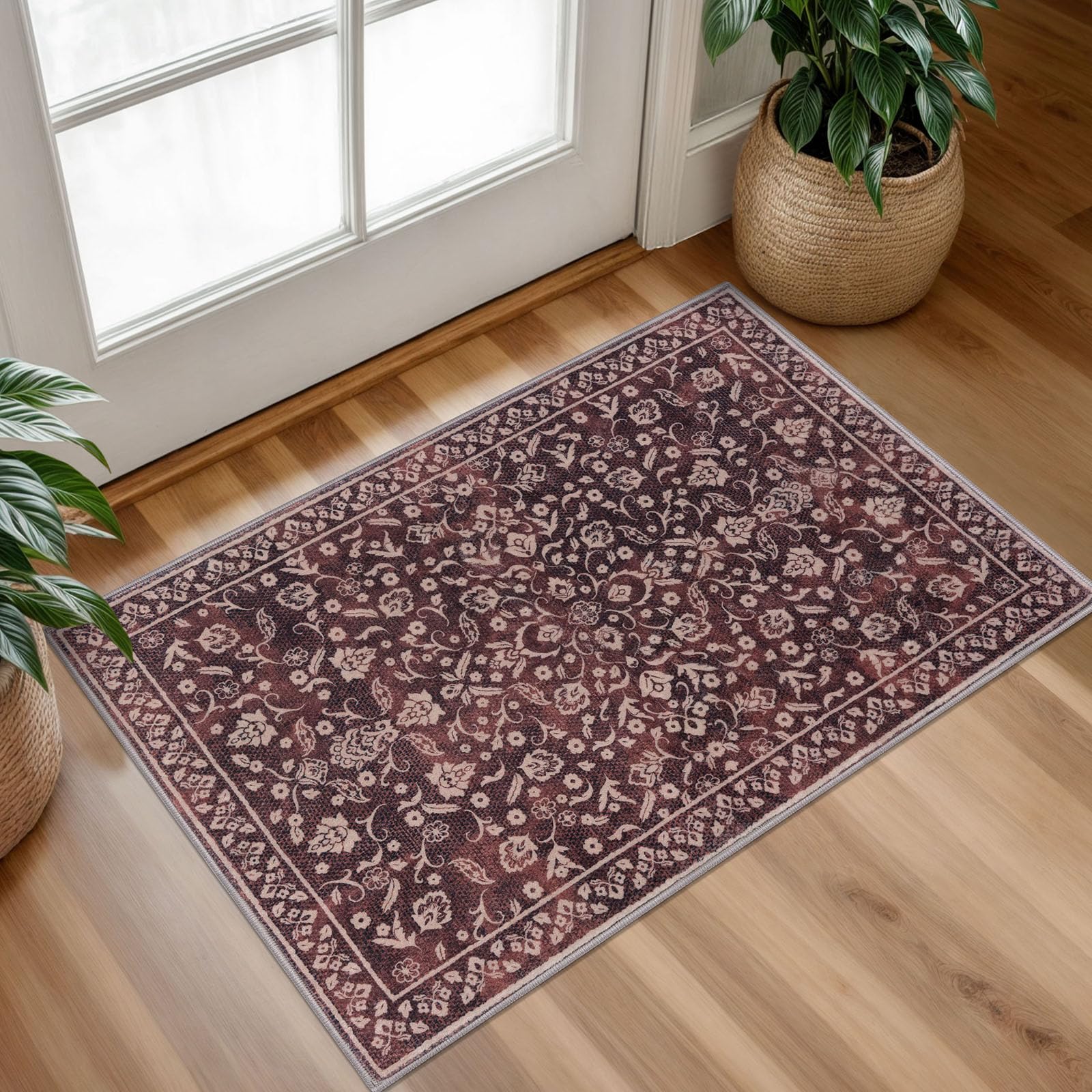 SILOLOOM Vintage Entryway Rug Indoor, Burgundy Washable Rug 2x3, Small Area Rug with Non-Slip Backing, Floral Print, Thin Faux Wool Super Soft Door