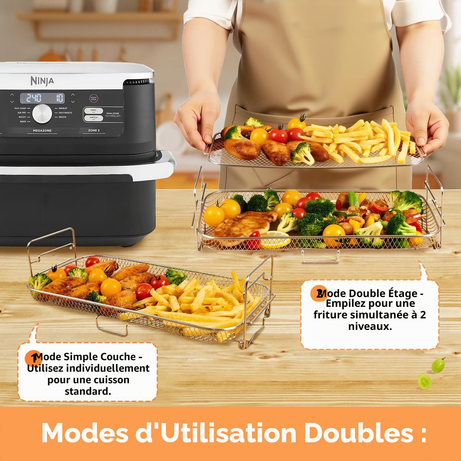 ENSINE Accessoires Air Fryer pour Ninja Foodi FlexDrawer 10,4 L AF500EU, Grille Air fryer Compatible COSORI TWINFRY Dual Blaze 10L – Racks Airfryer 2-en-1 Empilables, Double Niveau, Inox Durable