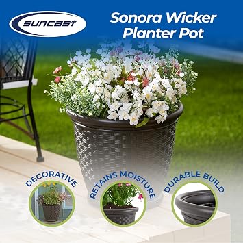 Suncast Sonora 18 Inch Lightweight Durable Plastic Wicker Decorative Flower Planter Pot for Yard, Garden, Indoor or Outdoor Use, Brown