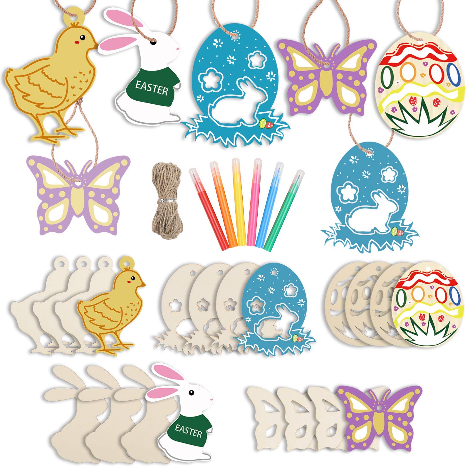 SULOLI Easter Crafts Wooden Ornaments,20 Pieces Unfinished Crafts Hanging Embellishments Crafts for Kids Easter Party Supplies DIY Decor