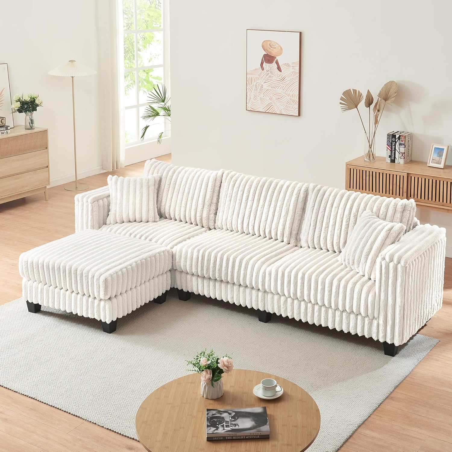 AVZEAR L Shaped Faux Rabbit Fur Fabric Sectional Couch, Modern Cloud Modular Sofa with Movable Ottoman and 2 Pillows, Small Sectional Convertible Couch for Living Room, Bedroom and Apartment, White