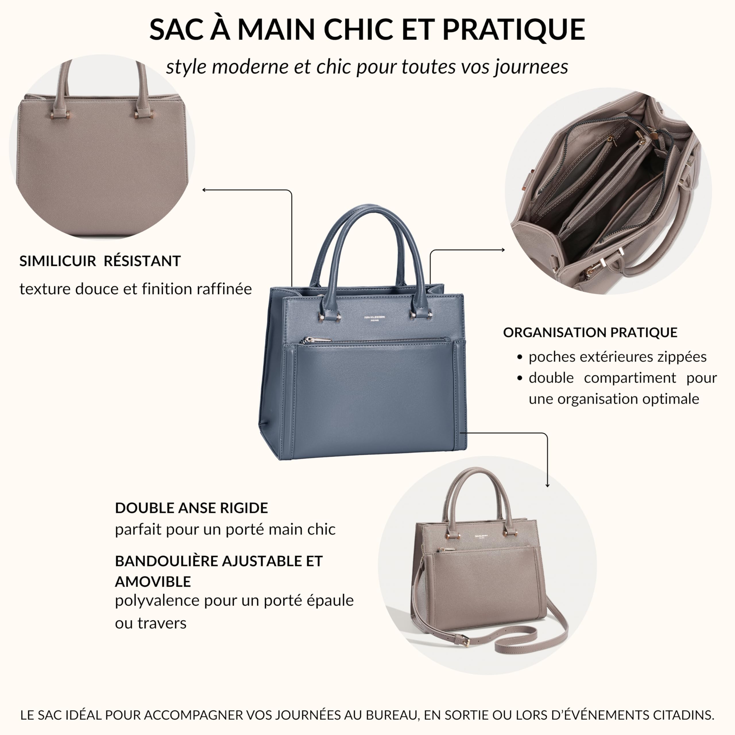 David Jones Paris - Bolso de mano para mujer y ciudad, tamaño mediano, piel sintética, doble compartimento y bolsillos de plumero – Chic Clásico elegante práctico