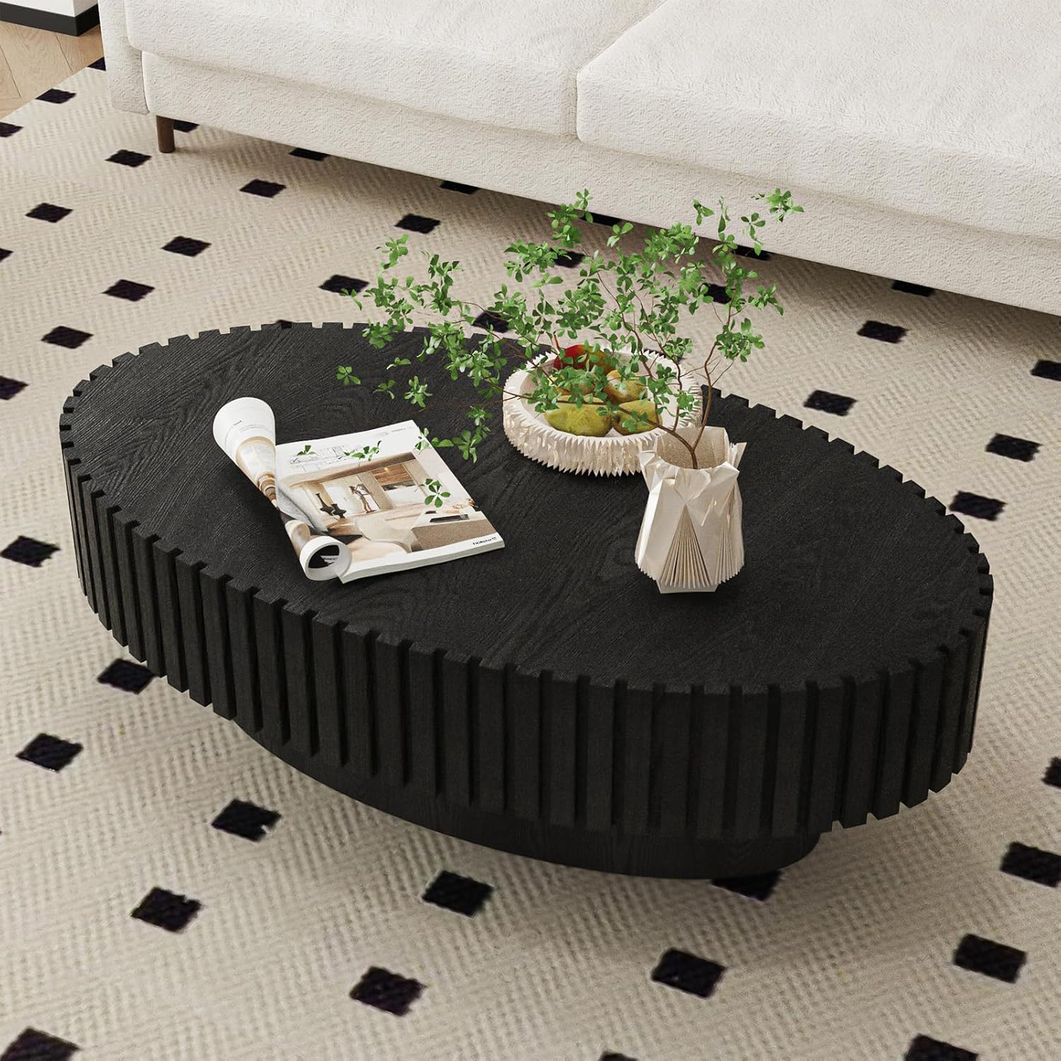 Oval Coffee Table Modern Coffee Tables Handcrafted Relief Wood Tea Table with Sturdy Pedestal Contemporary Fluted Coffee Table Rustic Center Table for Apartment Office,Black Oval