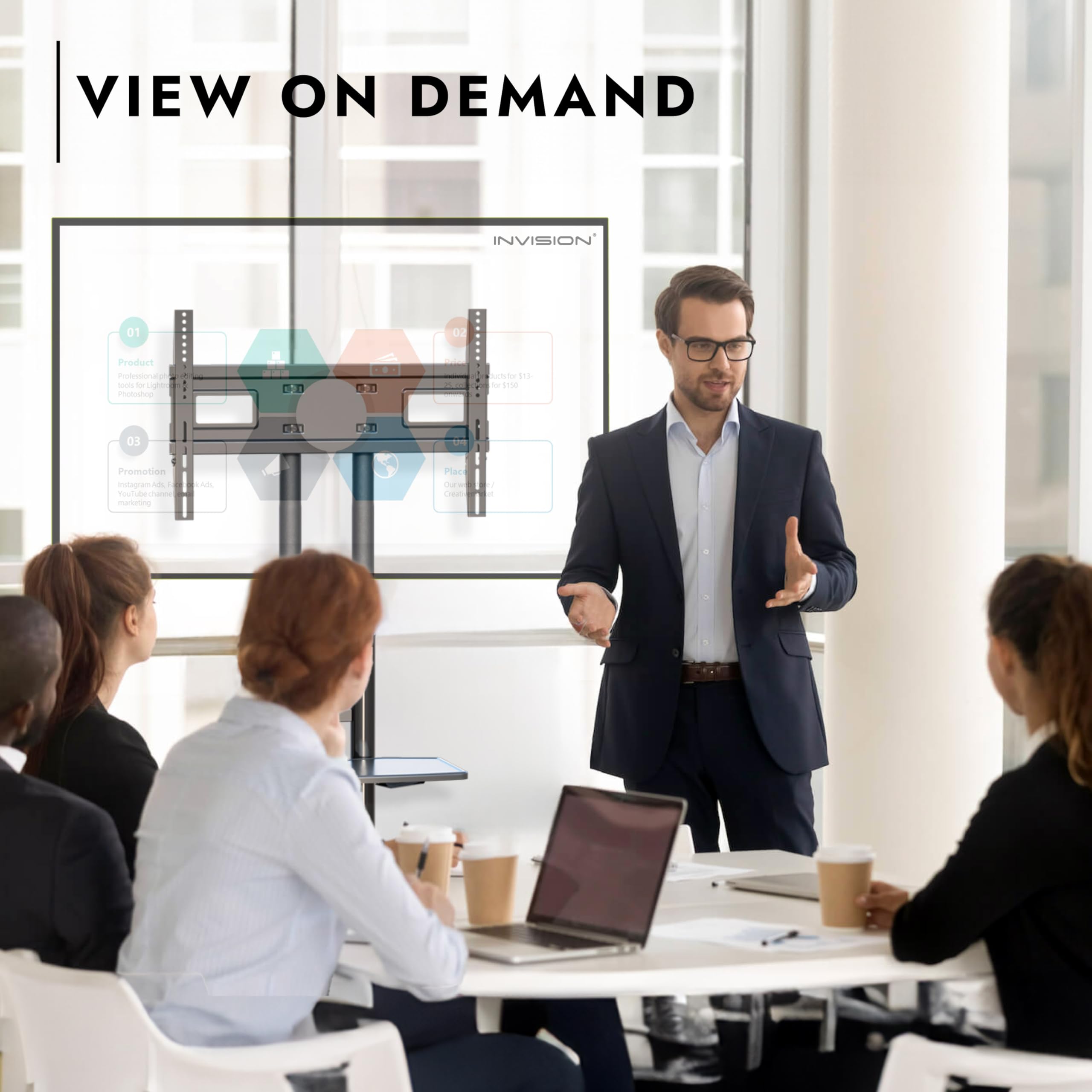 Invision Support TV sur Pied 32-75" Écran, Chariot Meuble TV à roulettes Réglable en Hauteur avec 1 Etagère, Anti Basculement et Ultra Stable, Jusqu'à 45.5kg Max VESA 600x400mm GT1200 ScreenStation