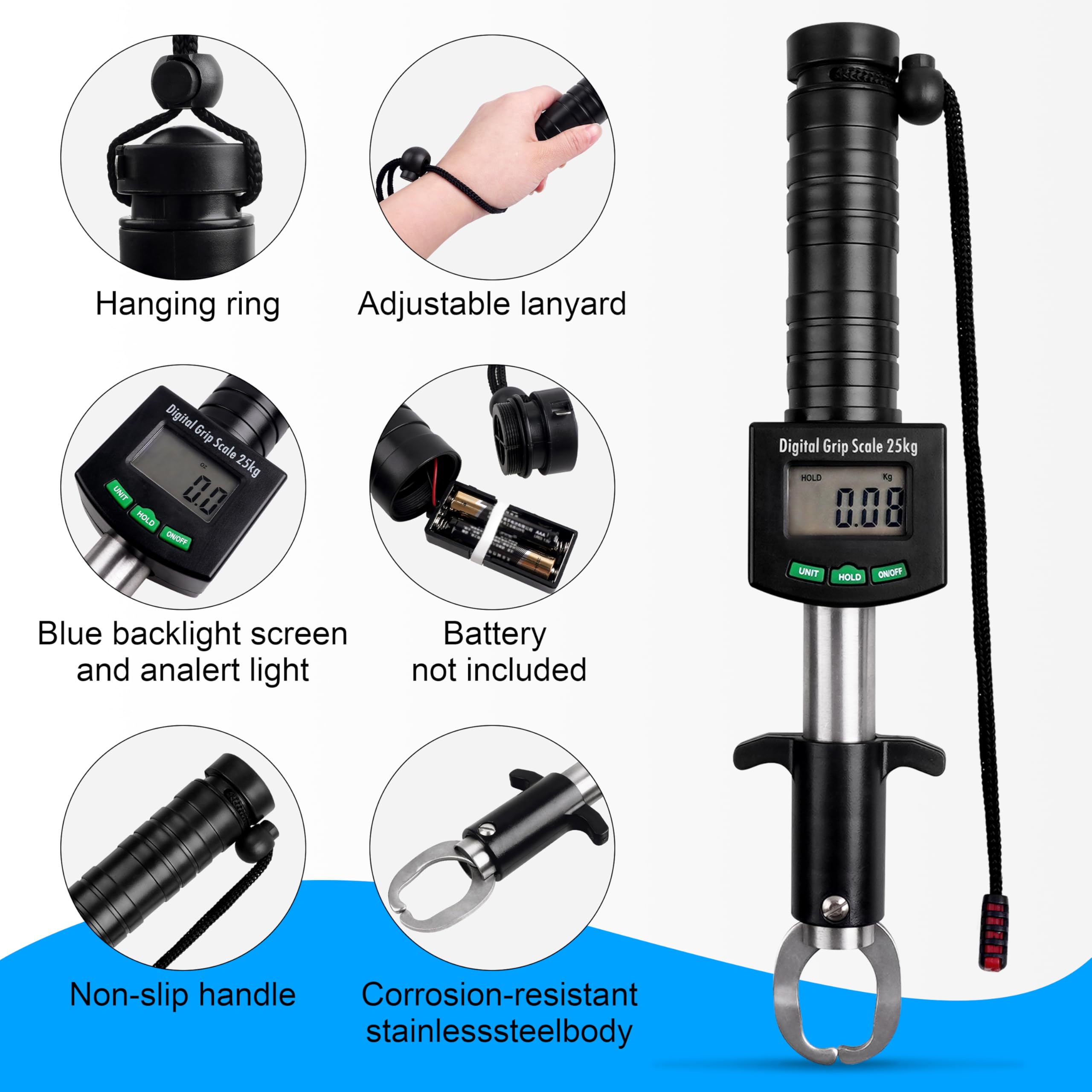 Pinza de pescado con escala digital de peces, capacidad de carga de 50 libras/25 kg, función de memoria, resistente al agua salada, portátil de acero inoxidable, agarre de labios de pescado, agarre de