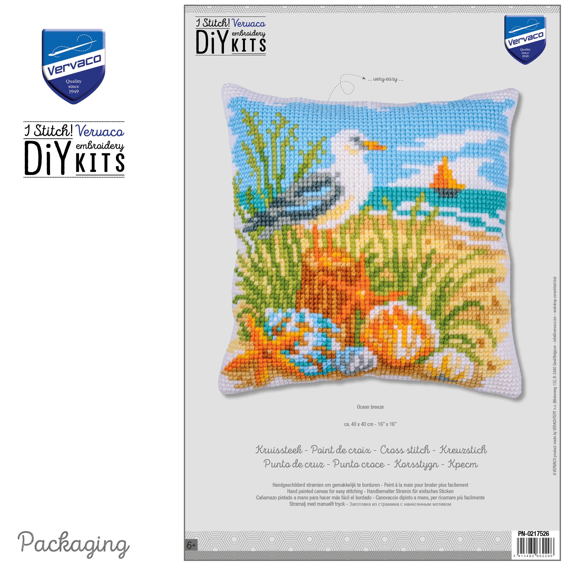 VERVACO Zestaw do Haftu Krzyżykowego Poduszka BRYZA OCEANICZNA Kanwa z Nadrukiem 40 x 40 cm Gruba Włóczka Akrylowa Zrób to Sam Dekoracja Domu DIY Cross Stitch Kit
