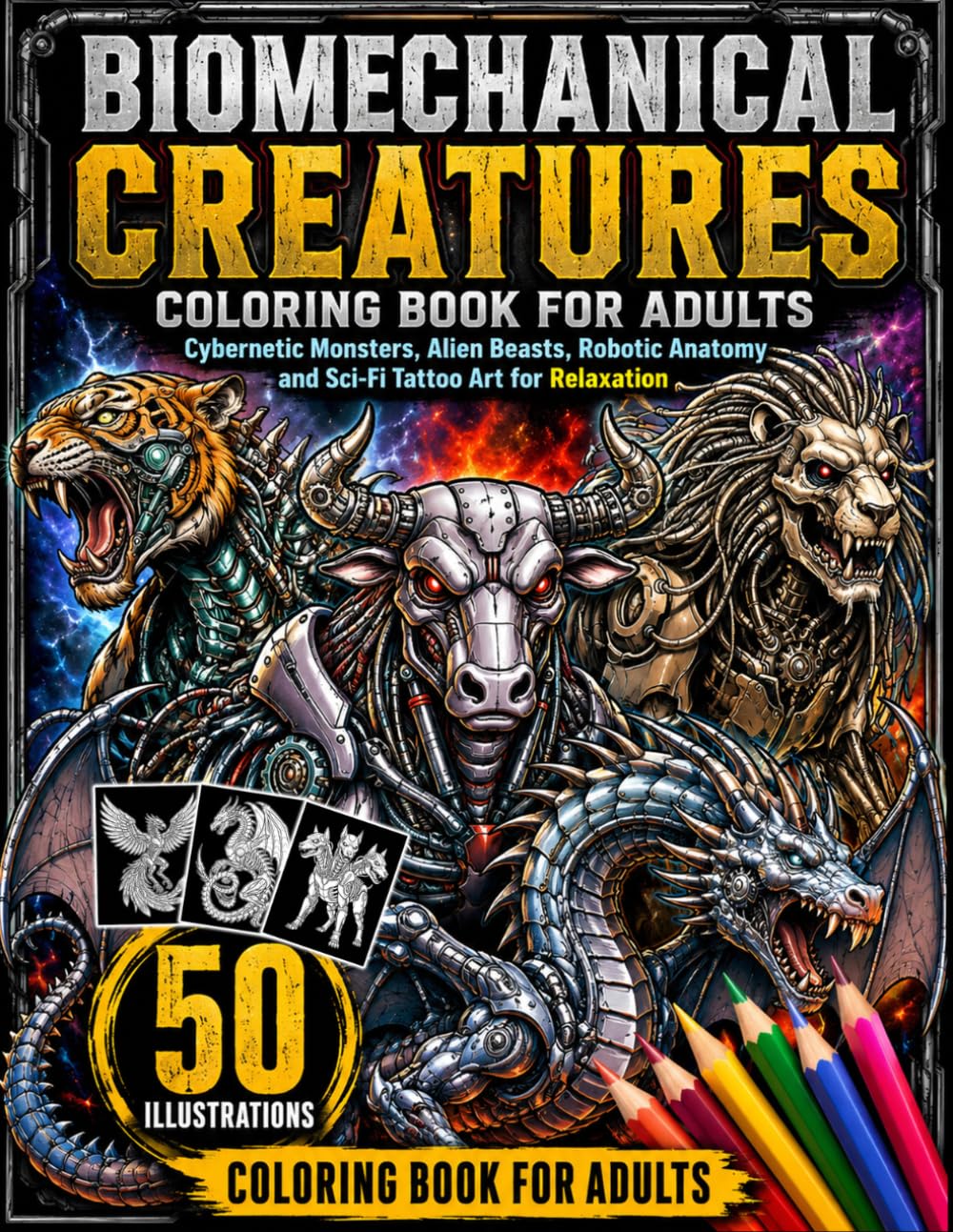 Biomechanical Creatures Coloring Book for Adults: Cybernetic Monsters, Alien Beasts, Robotic Anatomy and Sci-Fi Tattoo Art for Relaxation