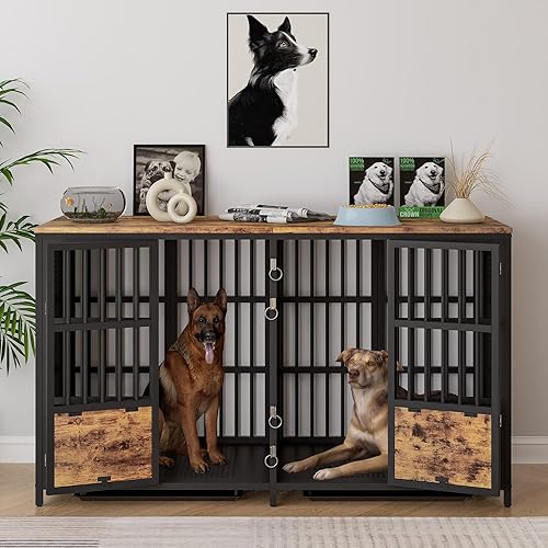 BOINN Mueble grande para perros, jaula doble resistente de 63 pulgadas con divisor, muebles extra grandes para perreras con bandejas extraíbles para