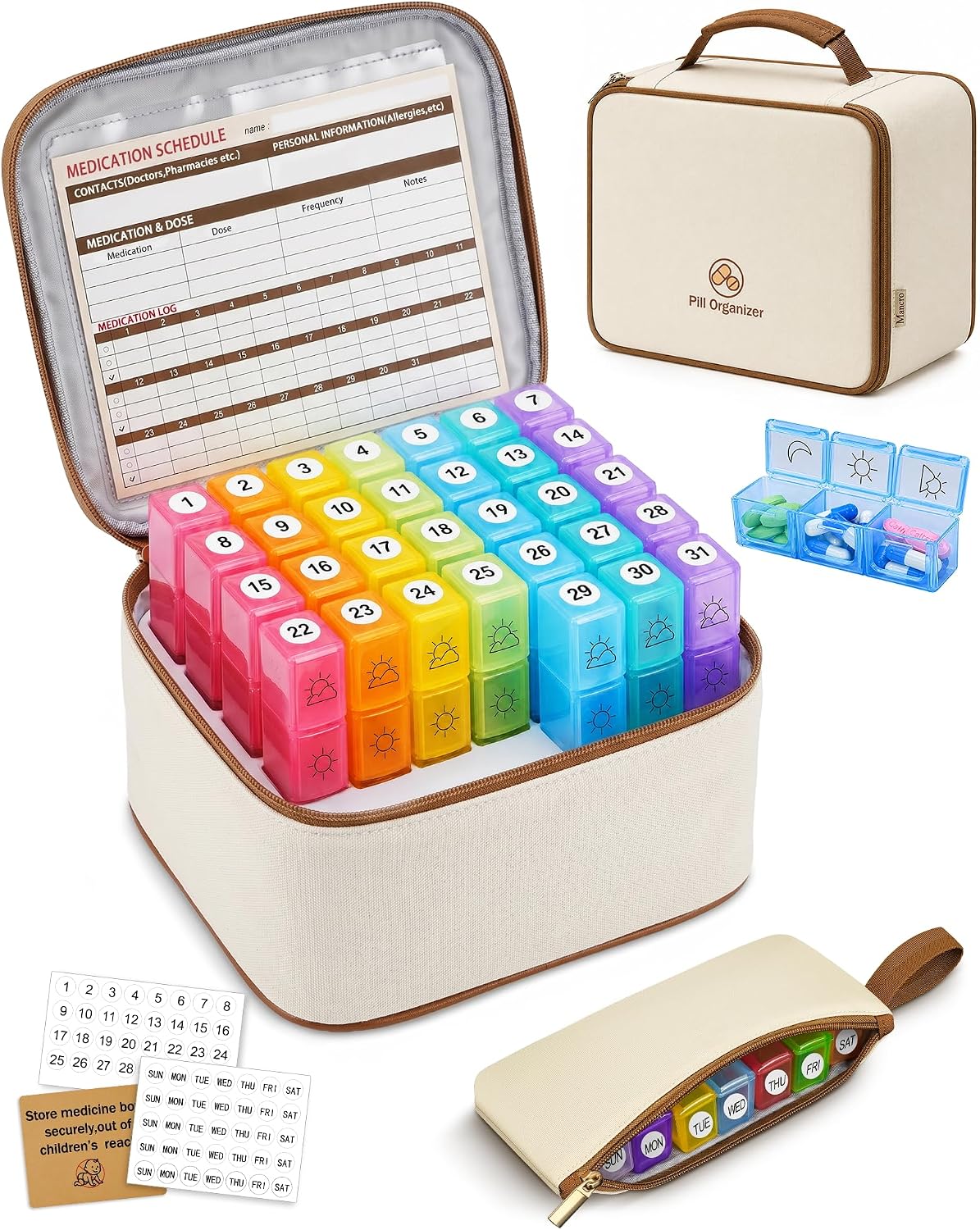 Mancro Monthly Pill Organizer 3 Times a Day, with 31 Day AM PM Pill Box