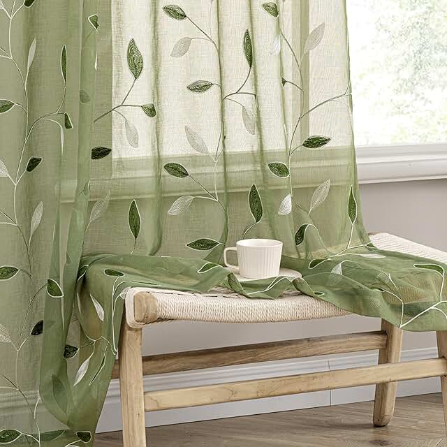 MIULEE Sage Green Sheer Curtains 2 Panels Embroidered Leaf Patterned Rod...