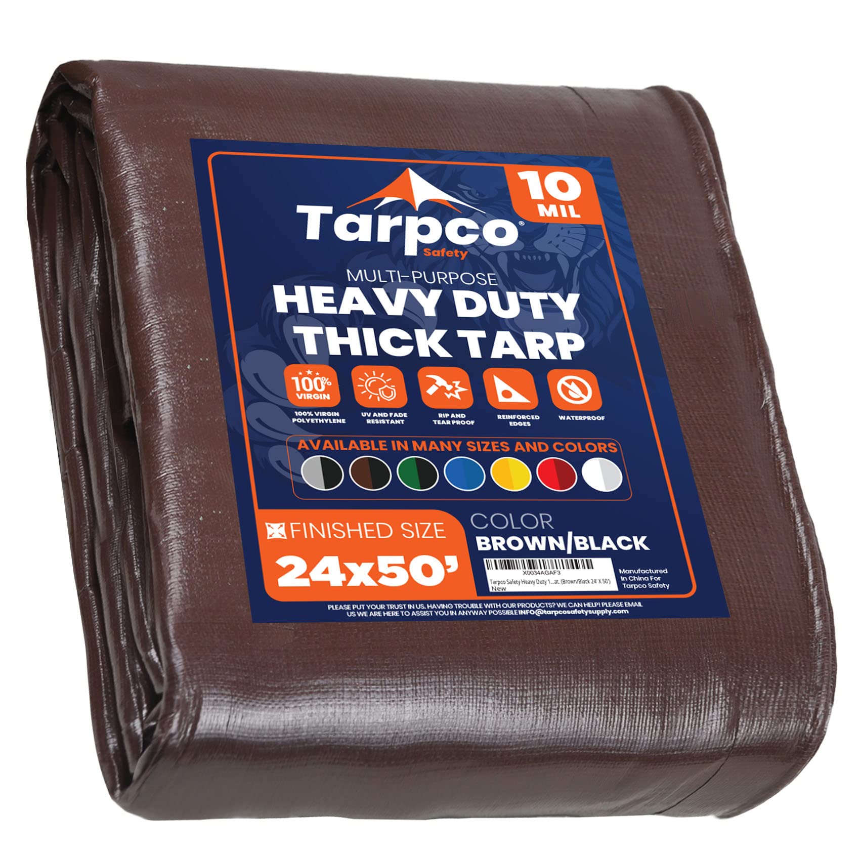 Heavy Duty 10 Mil Tarp Cover, Waterproof, UV Resistant, Rip and Tear Proof, Poly Tarpaulin with Reinforced Edges for Camping, Roof, Patio, Pool, Boat. (Brown/Black 24′ X 50′)