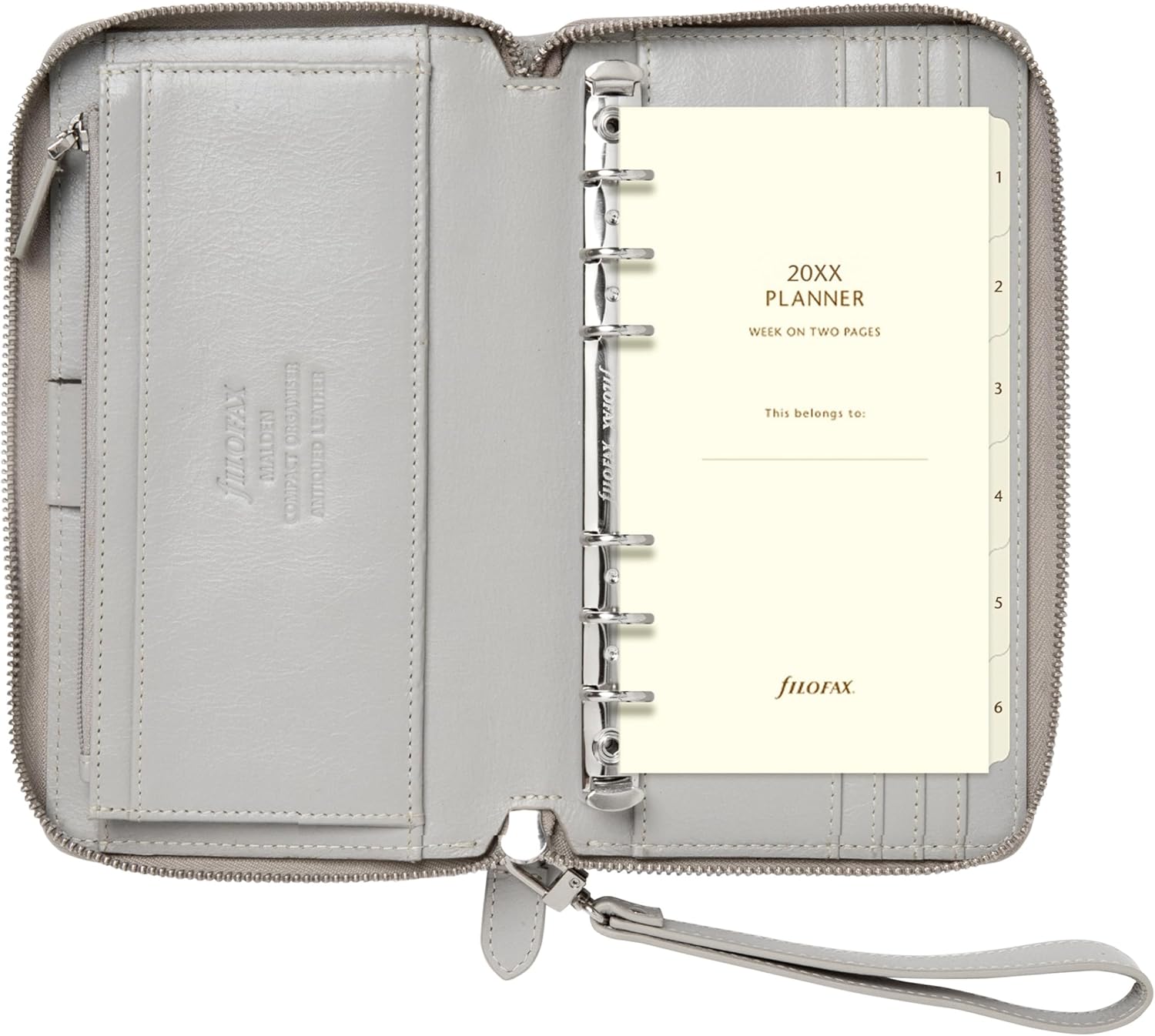 Filofax Malden Zip Organizer, Personal Compact Size, Stone - Tactile, Full-Grain Buffalo Leather, Six Rings, Cotton Cream Week-to-View Calendar Diary, Multilingual, 2025 (C022705-25)