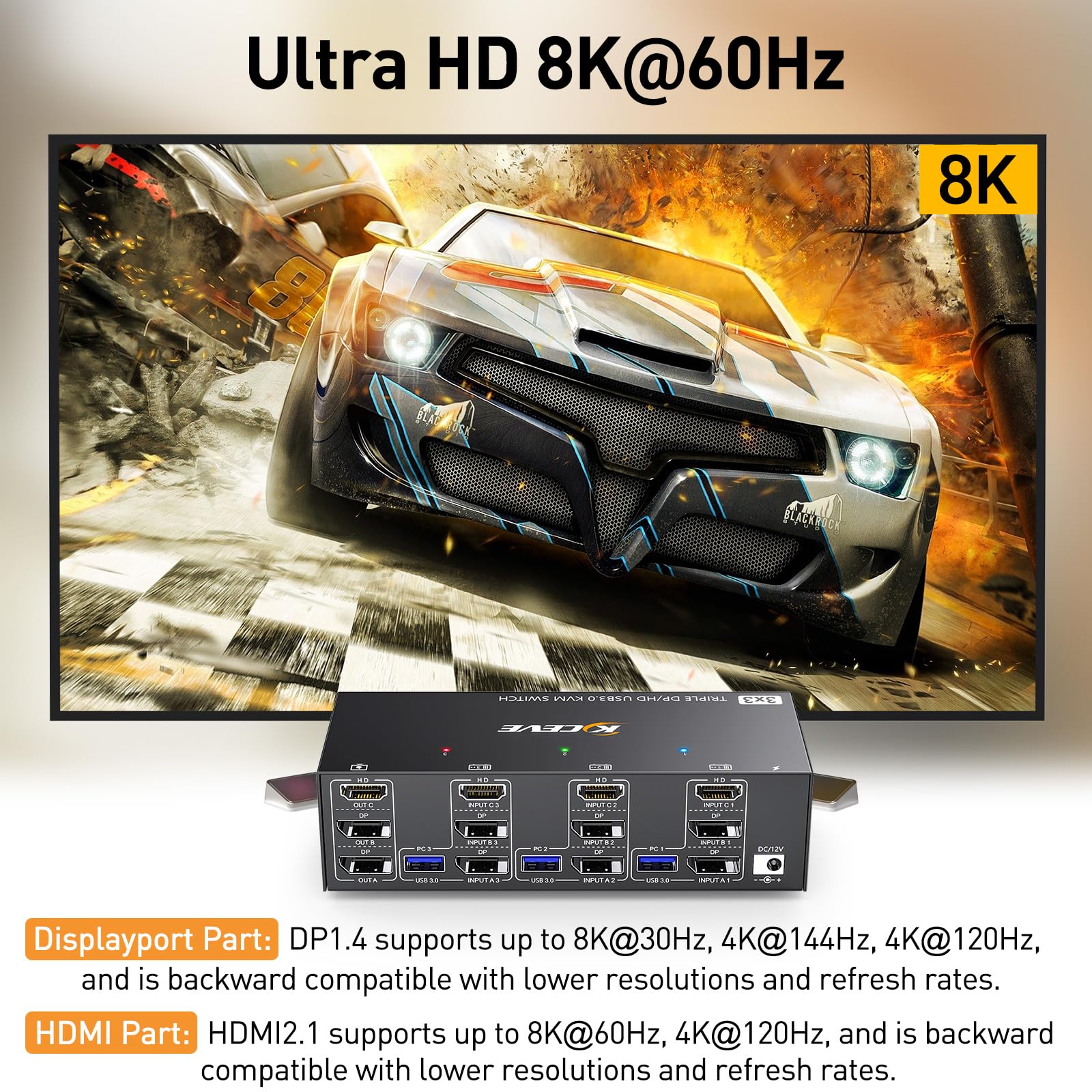 KVM Switch 3 Monitore 3 PC, Displayport HDMI USB 3.0 KVM-Umschalter Dreifachanzeige, unterstützt 4K@60 Hz für 3 Computer