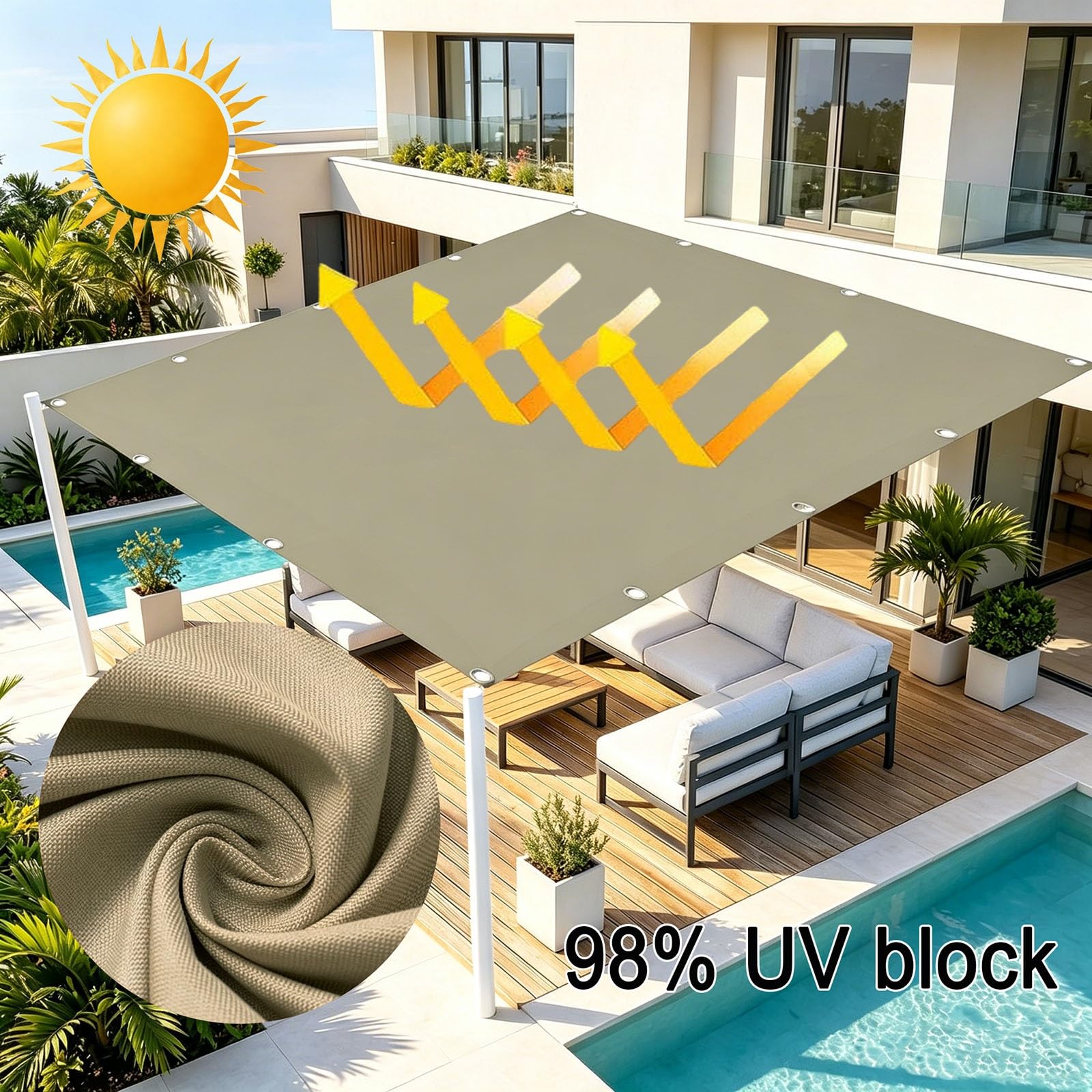 Tenda da Sole Impermeabile 110 x 170 cm Protezione Solare Respirante Anti UV Rettangolare Resistente Alle Intemperie Telo Ombreggiante per Esterno per Giardino, Cachi