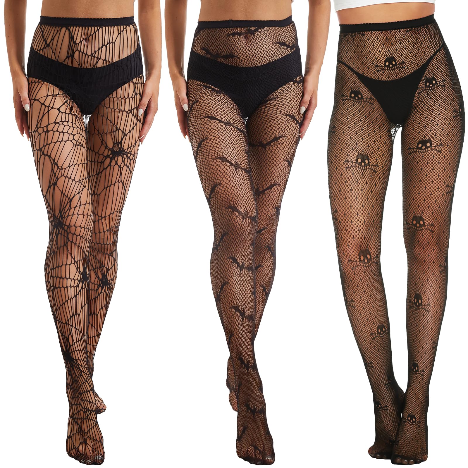 Manzi Women's Skull/Bat/Spider Web Halloween Tights Black Fishnet Stockings Costume
