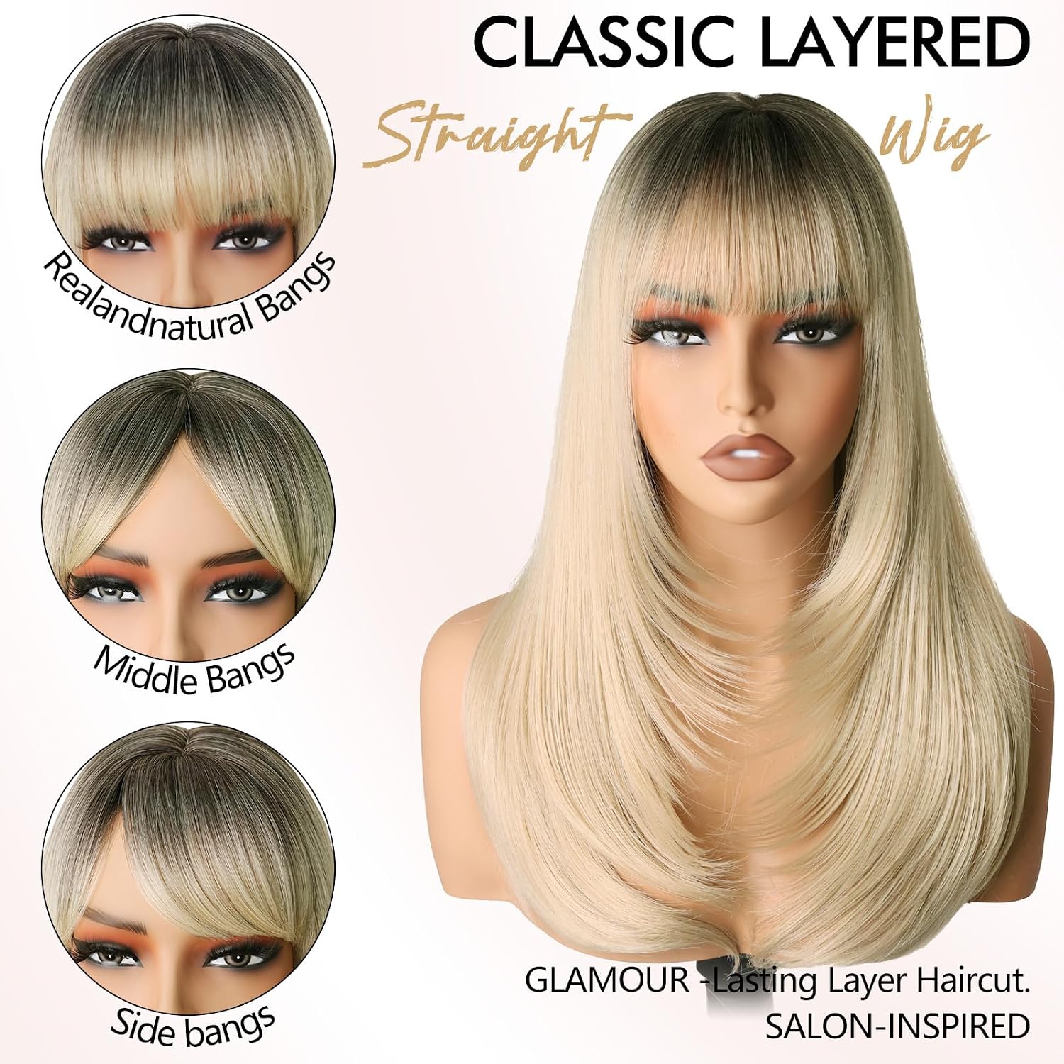 NOSTALGIA Wig with Bangs for Women Blonde with Dark Roots 20 Inch, 4x4 Realistic Scalp & Free Parting, Layered Heat Resistant Synthetic Hair for Everyday Use