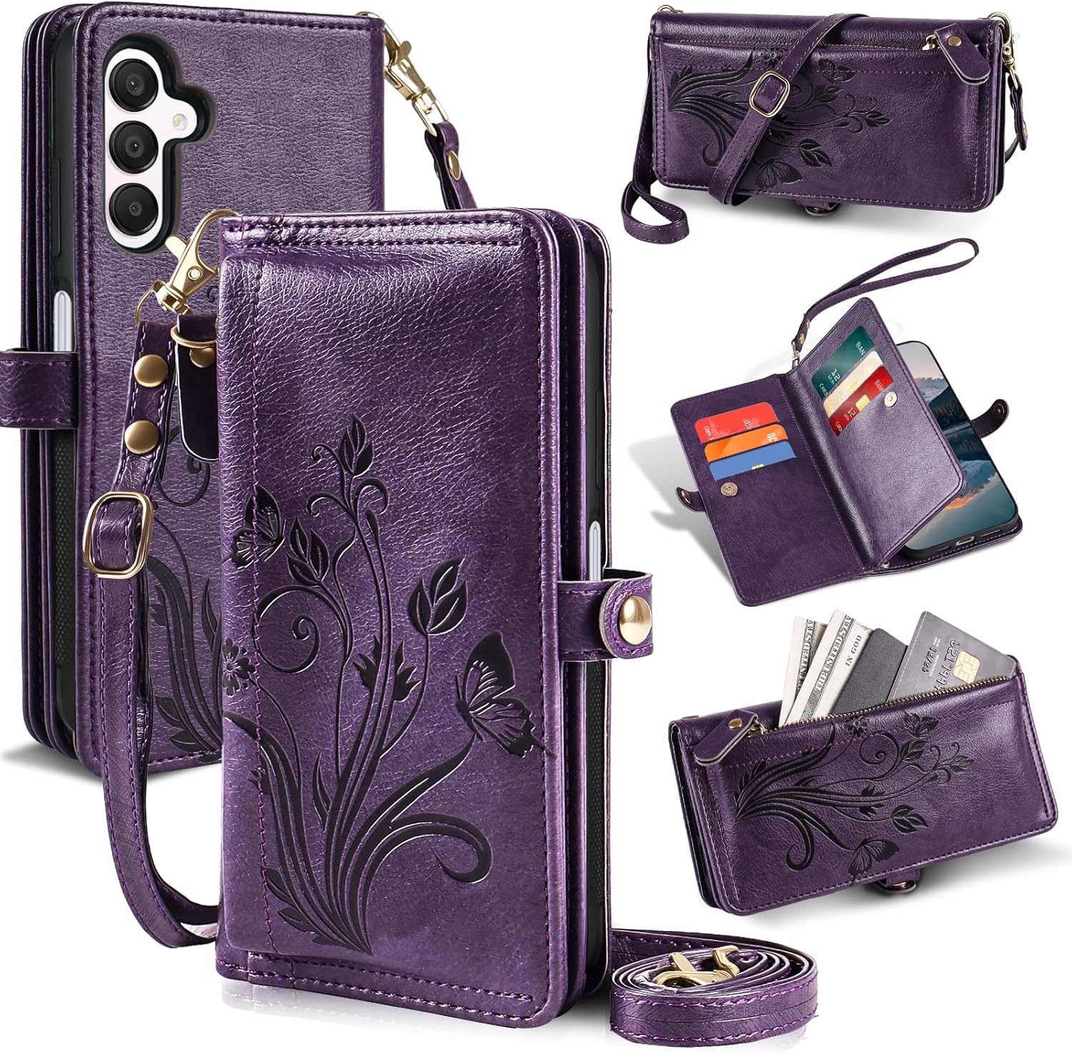 Lacass for Samsung Galaxy A15 5G Case Wallet,[Cards Theft Scan Protection] Card Holder Zipper Leather Flip Cover Crossbody Wrist Strap with Stand for Galaxy A25 Phone case(Floral Dark Purple)