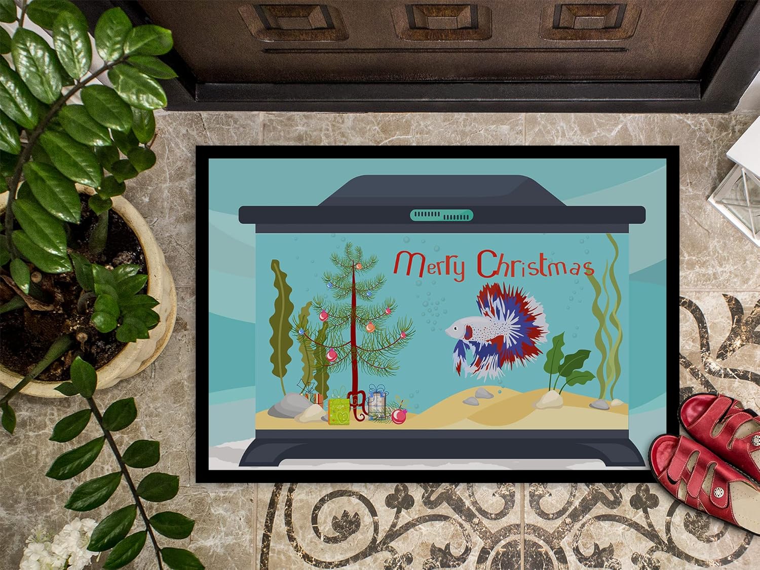 Caroline's Treasures CK4522MAT Comb Tail Betta Merry Christmas Doormat 18x27 Front Door Mat Indoor Outdoor Rugs for Entryway, Non Slip Washable Low Pile, 18H X 27W
