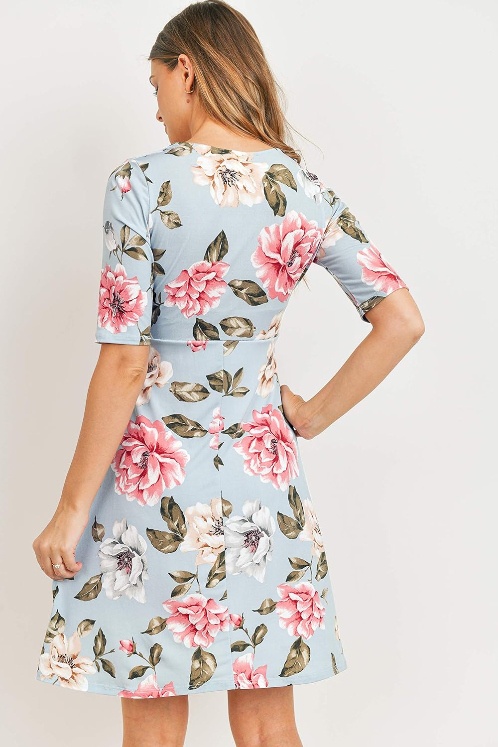 HELLO MIZ Women's Maternity Dress V-Neck Short Sleeve for Baby Shower (Blue/Mauve Flower, XL)