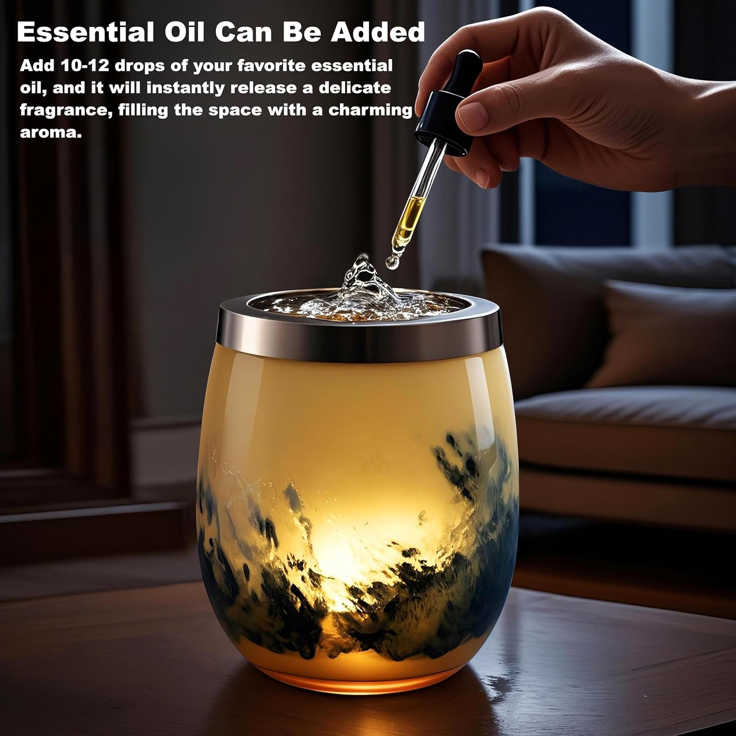 VOREEN Handblown Glass Tabletop Fountain - Art Glass Water Feature with Gentle Ambient Glow - Optional Aromatherapy for Home, Spa, Office Décor - Yellow image 5