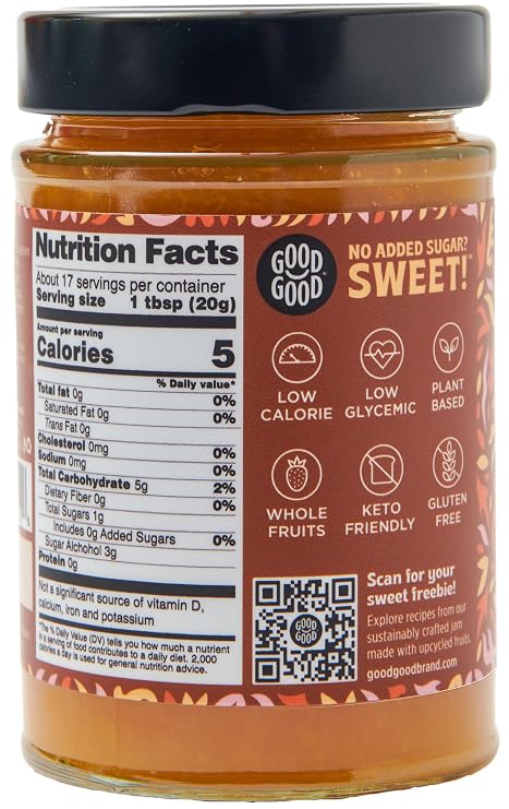 GOOD GOOD Peach Jam - No Added Sugar - Low Calorie - Gluten Free and Vegan - Diabetic and Keto Friendly - 12oz / 330g (Pack of 1)