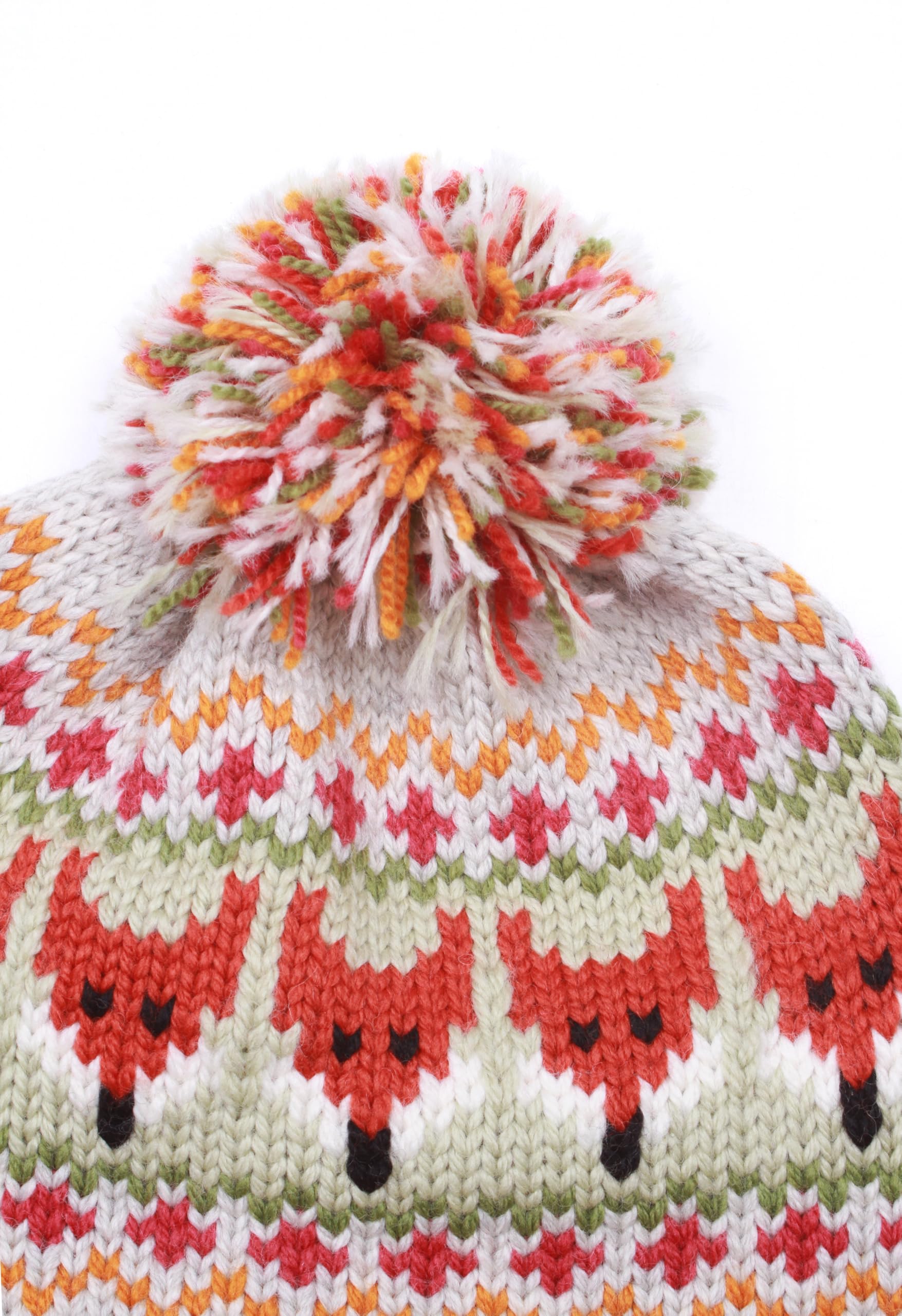 Pachamama Damska czapka z pomponem w 100% z czystej delikatnej wełny merynosów, ręcznie robiona dzianina, lis, wielokolorowa, jeden rozmiar, ręcznie robiona, miękka, ciepła, oddychająca