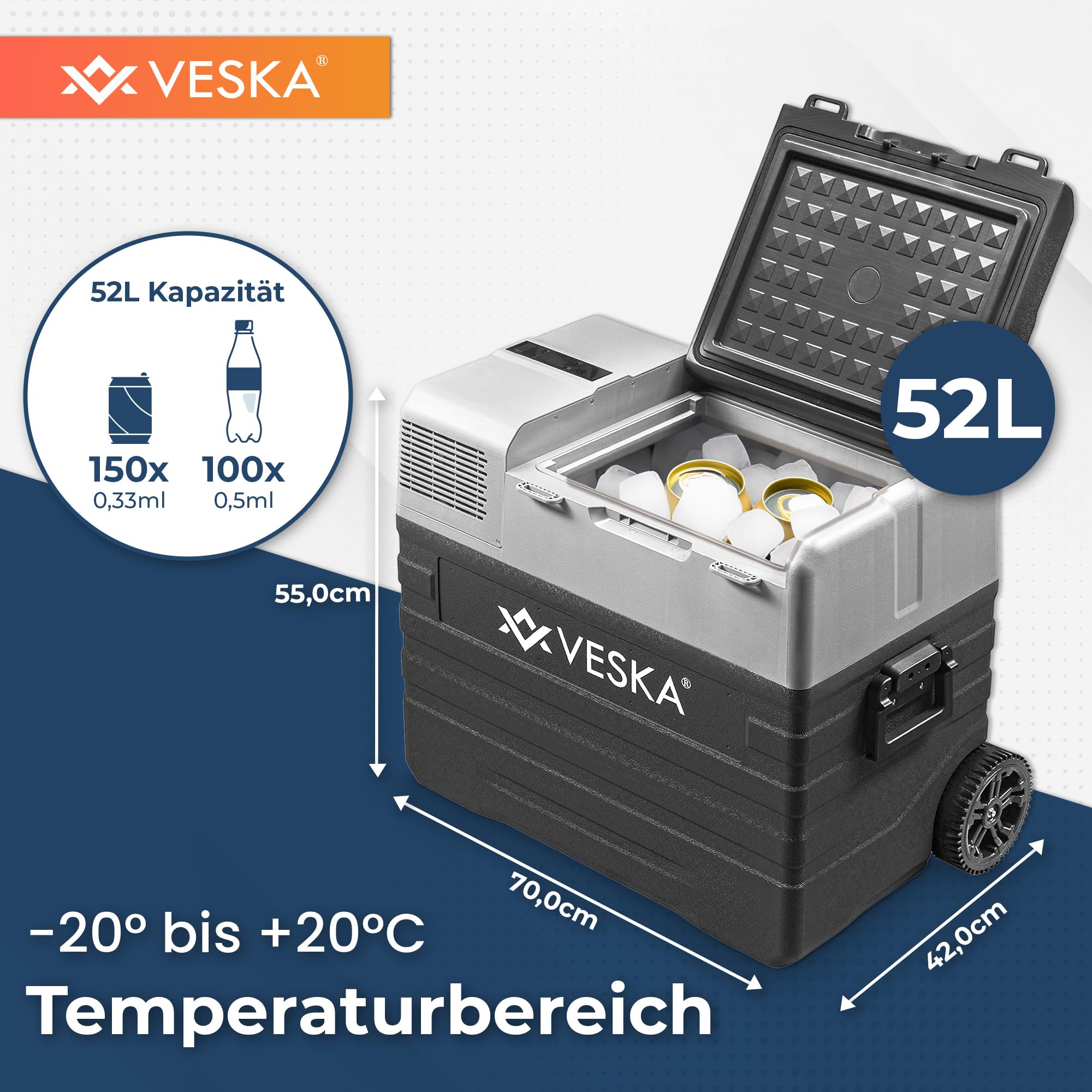 Kompressor Kühlbox elektrisch, Gefriertruhe mit APP-Steuerung, USB-Anschluss, 12/24V, 230V, Räder, transportabler Kühlschrank, Kühltruhe, Gefrierbox bis -20 °C für Auto, LKW, Boot (52L - anthrazit)